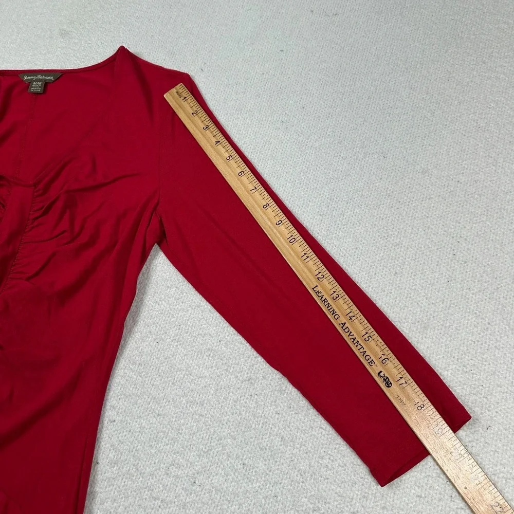 Tommy Bahama Dress Womens Medium Tambour‎ Panel Shirred 3/4 Sleeve Ruched Red